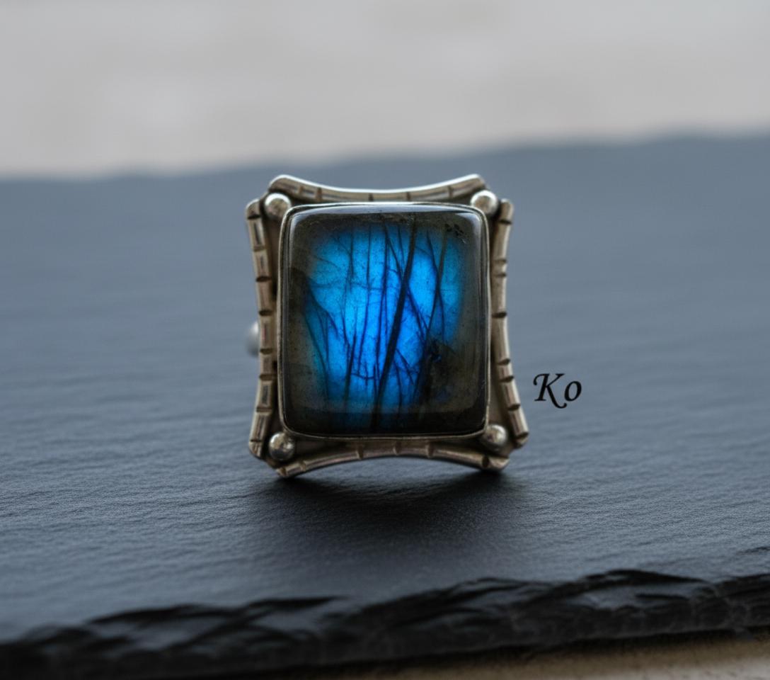 Labradorite Statement Ring | Rustic Sterling Silver Ring | Square Stone Viking Jewelry | Flashy Blue Fire Crystal Gift for Him/Her