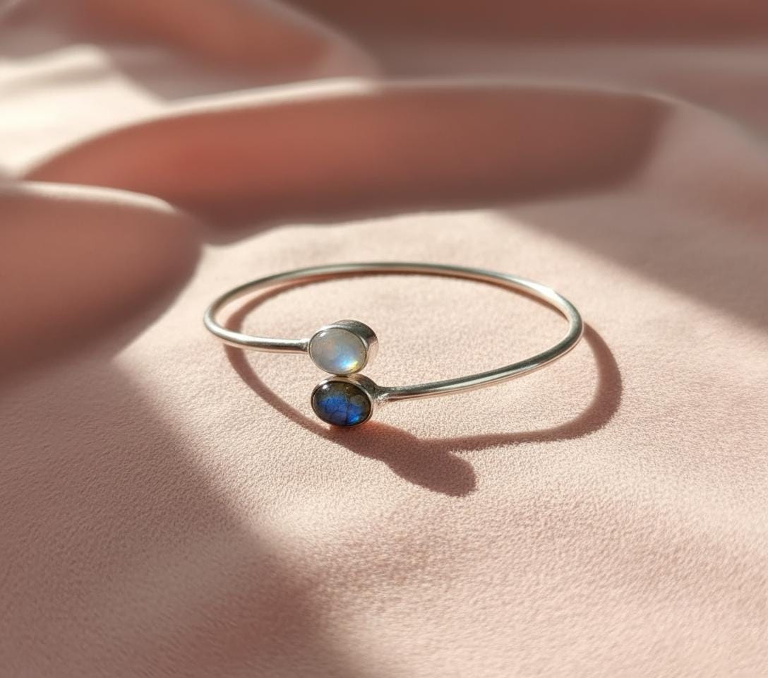 Moonstone, Labradorite Bangle, Natural Gemstone, Handmade Bangle, 925 Silver Bangle, Women Bangle, Dainty Bangle, Gemstone Bangle