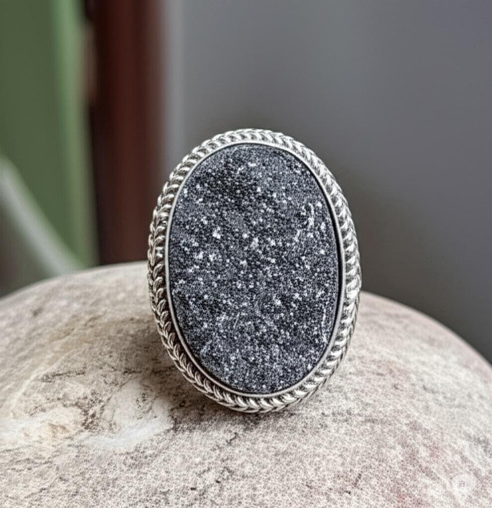 Black Druzy Statement Ring: Adjustable Sterling Silver Boho Jewelry