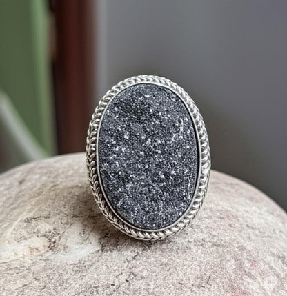 Black Druzy Statement Ring: Adjustable Sterling Silver Boho Jewelry