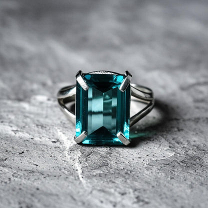 Aquamarine Ring, Emerald Cut Aquamarine, 925 Sterling Silver Ring, March Birthstone Jewelry, Statement Ring, Engagement Ring, Gift for mom
