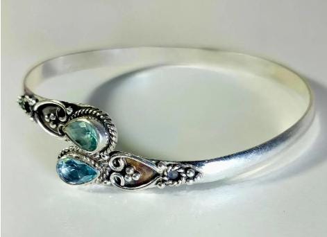 Larimar Sterling Silver Bangle | Handmade Adjustable Cuff Bracelet | Boho Vintage Jewelry for Women | Handmade Larimar Bangle | Gift her