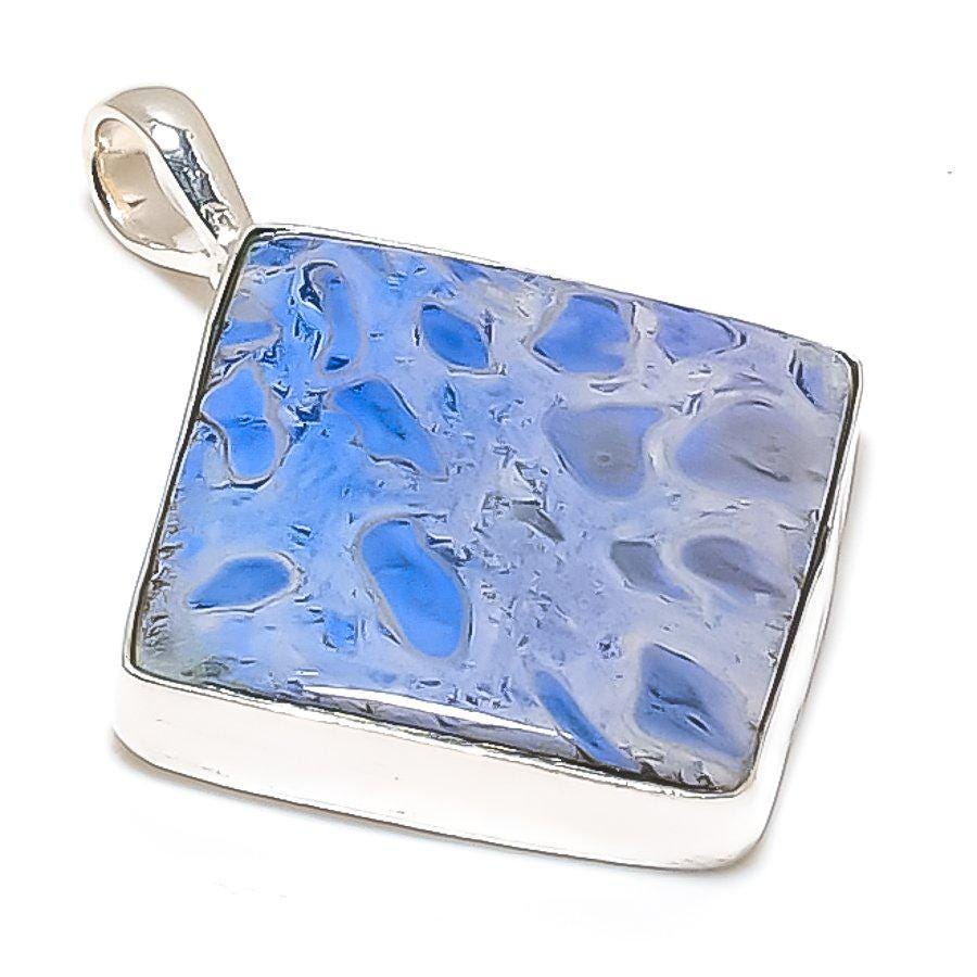 Blue Dendritic Agate Pendant, Geometric pendent, Blue pendent, Handmade pendent, silver pendent, gift for him, gift for her, Agate Jewelry