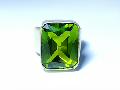 Men's Green Gemstone Ring | Rectangular Peridot Style Ring in Silver Band | Bold Statement Jewelry for Him | Modern Geometric Cut Ring |Gift