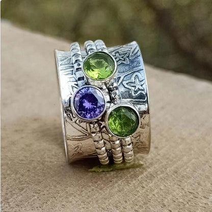 Sterling Silver Spinner Ring: Peridot, Amethyst, Botanical Band