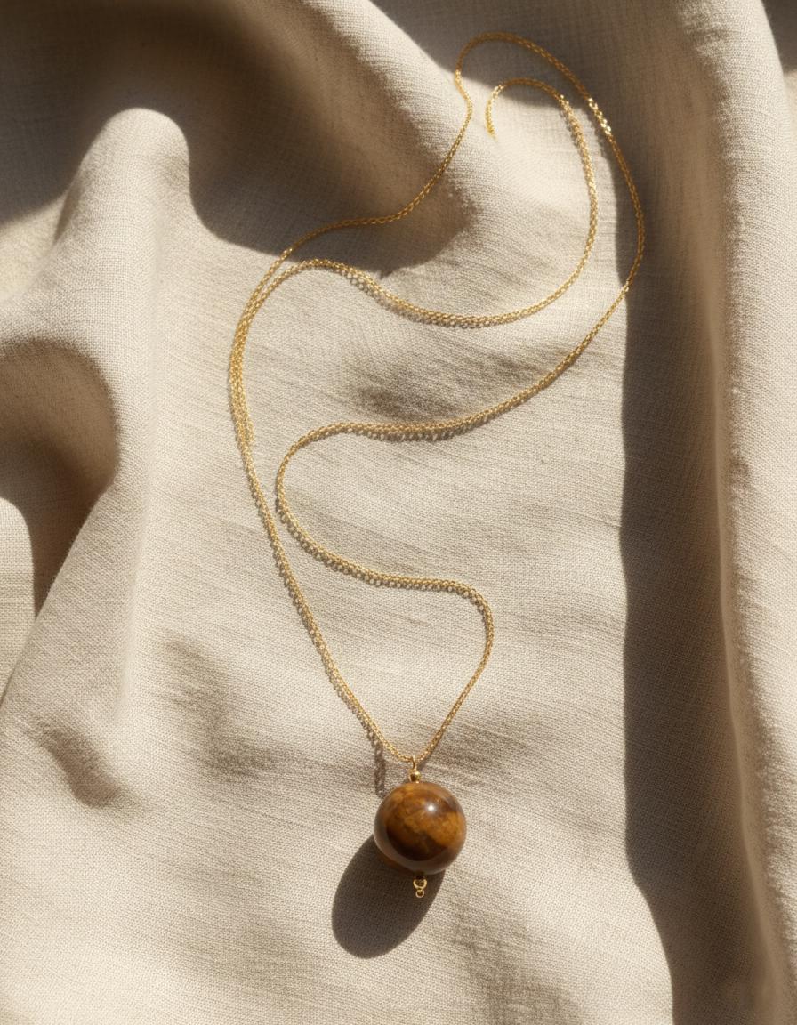 Dainty Tiger's Eye Ball Necklace Gold Plated | Minimalist Large Round Gemstone Pendant | Everyday Layering Jewelry | Gold Chain | Gift her