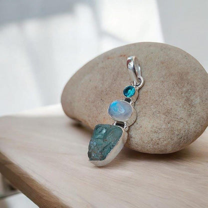 Raw Aquamarine & Moonstone And Blue Topaz Pendant, Sterling Silver Pendant, Boho Jewelry, Charm Pendant, Gift item, Multi stone pendant