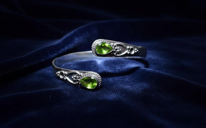 Handmade Silver Peridot Bangle - Ornate Sterling Silver Cuff | Artisanal Peridot Teardrop Bangle - Bohemian Silver Gemstone Bracelet