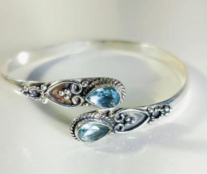 Larimar Sterling Silver Bangle | Handmade Adjustable Cuff Bracelet | Boho Vintage Jewelry for Women | Handmade Larimar Bangle | Gift her