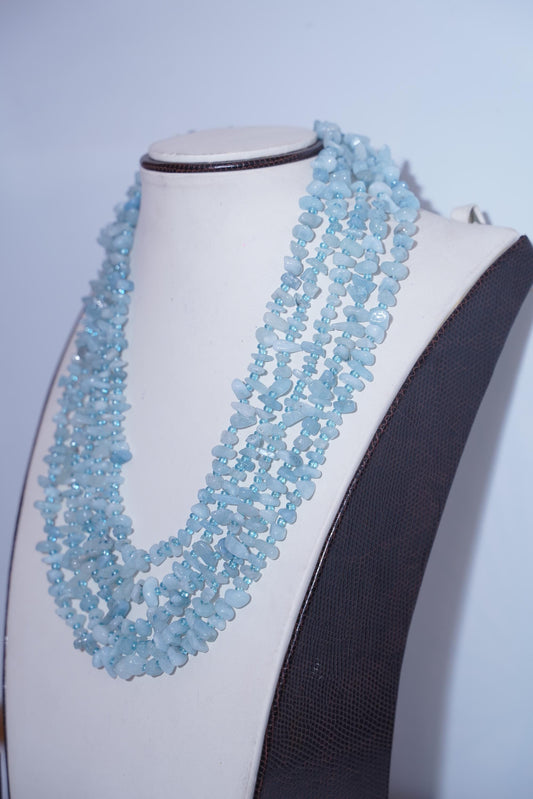 Milly pearl necklace, Aqua gemstone necklace, Five-layer necklace, Multi-layer pearl necklace, Aqua and pearl jewelry, Statement necklace