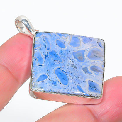 Blue and White Gemstone Square Pendant | Sterling Silver Cabochon Necklace, Handmade Design Pendent, Gift for her, Gemstone Pendent