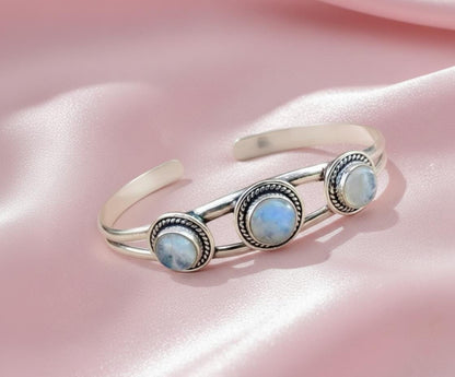 Triple Moonstone Sterling Silver Cuff Bracelet | Three Stone Oval Bangle | Vintage Style Gemstone Statement Jewelry | Christmas Gift | Gift