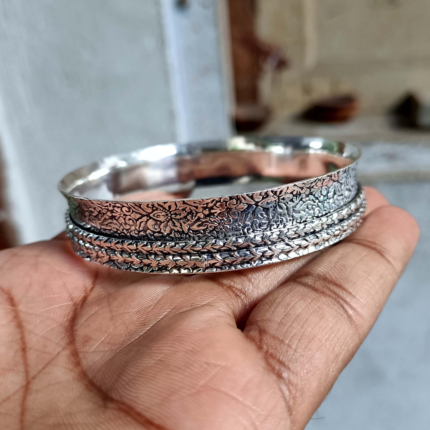 Spinner Bangle, Flower Bangle, Handmade Bangle, 925 Silver Bangle, Fidget Bangle, Worry Bangle, Spin Bangle, Two Band Bangle Bohemian Bangle