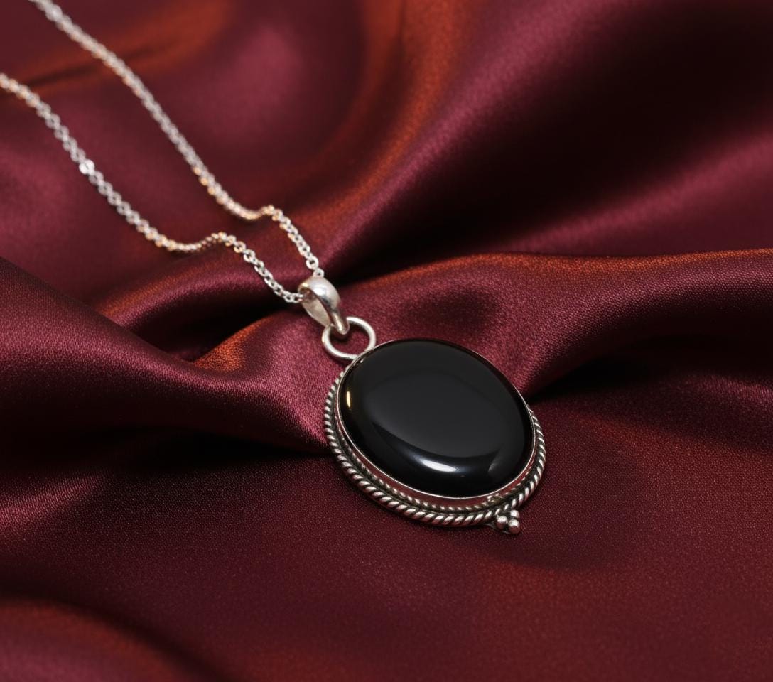 Black Onyx Pendant in Sterling Silver | Handmade Natural Gemstone Necklace | Oval Onyx Jewelry | Protective Healing Pendant | Gift for Her