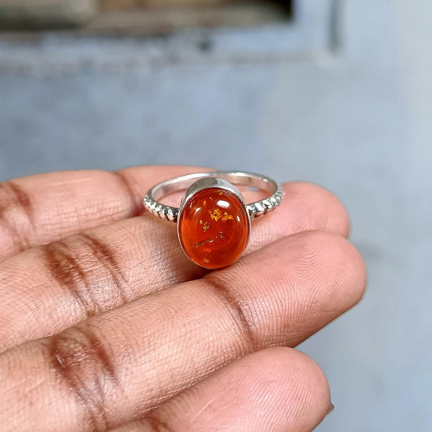 Natural Baltic Amber Sterling Silver Ring | Oval Cabochon with Inclusions | Handmade Boho Beaded Band | Gift for Her Anniversary Jewelry