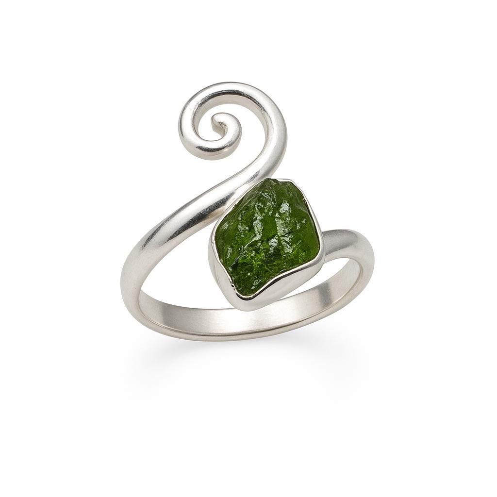 Moldavite Rough Ring, Natural Gemstone Ring,  925 Sterling Silver, Handmade Designer Jewelry, Gift, Stylish ring, Gift for her, Green stone