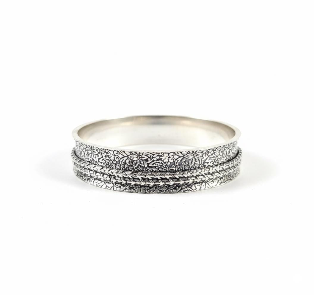 Silver Spinner Bangle, Sterling Silver Meditation Ring, Engraved Worry Bangle, Anxiety Relief Jewelry, Wide Band Boho Gift for Her