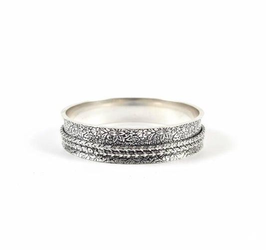 Silver Spinner Bangle, Sterling Silver Meditation Ring, Engraved Worry Bangle, Anxiety Relief Jewelry, Wide Band Boho Gift for Her