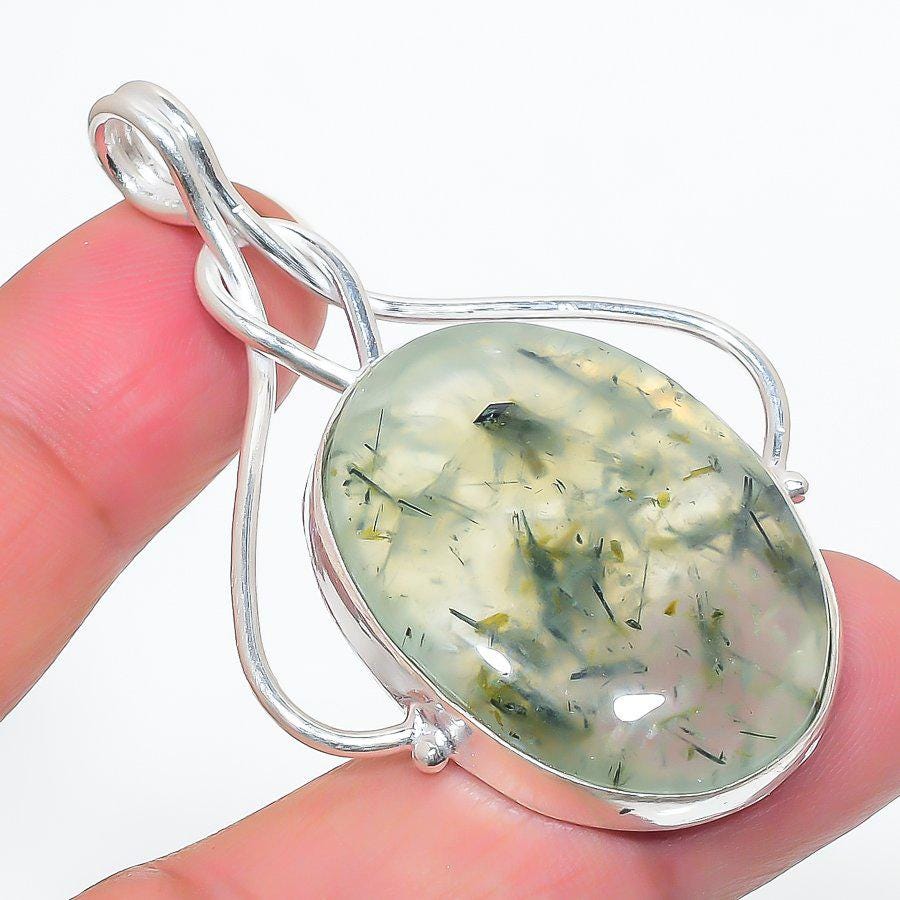 Prehnite and Actinolite Oval Silver Pendant, Handmade Pendant, Transparent Pendant, Beautiful Pendant, Gift for her, Prehnite pendant, Gift