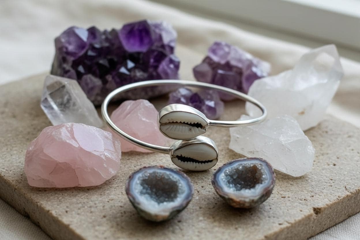 Sterling Silver Cowrie Shell Bangle | Boho Beach Jewelry | Handmade Nautical Bracelet | Gift for Her, Christmas Gift