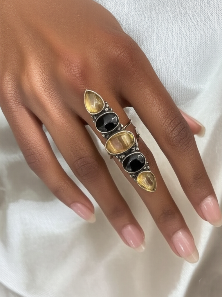 925 Sterling Silver Citrine Black Onyx Vertical Ring Multi Gemstone Band