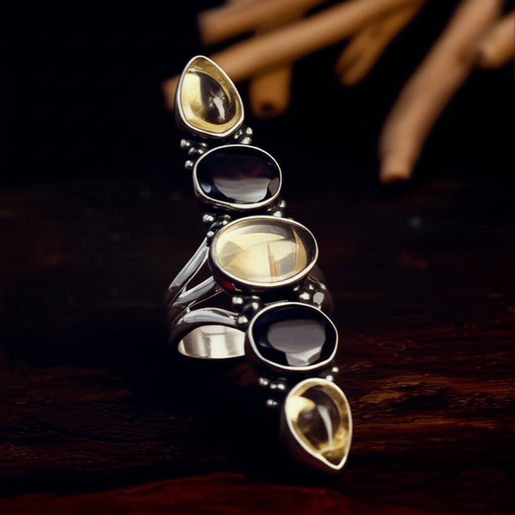 925 Sterling Silver Citrine Black Onyx Vertical Ring Multi Gemstone Band