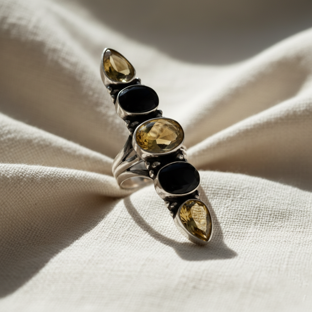 925 Sterling Silver Citrine Black Onyx Vertical Ring Multi Gemstone Band