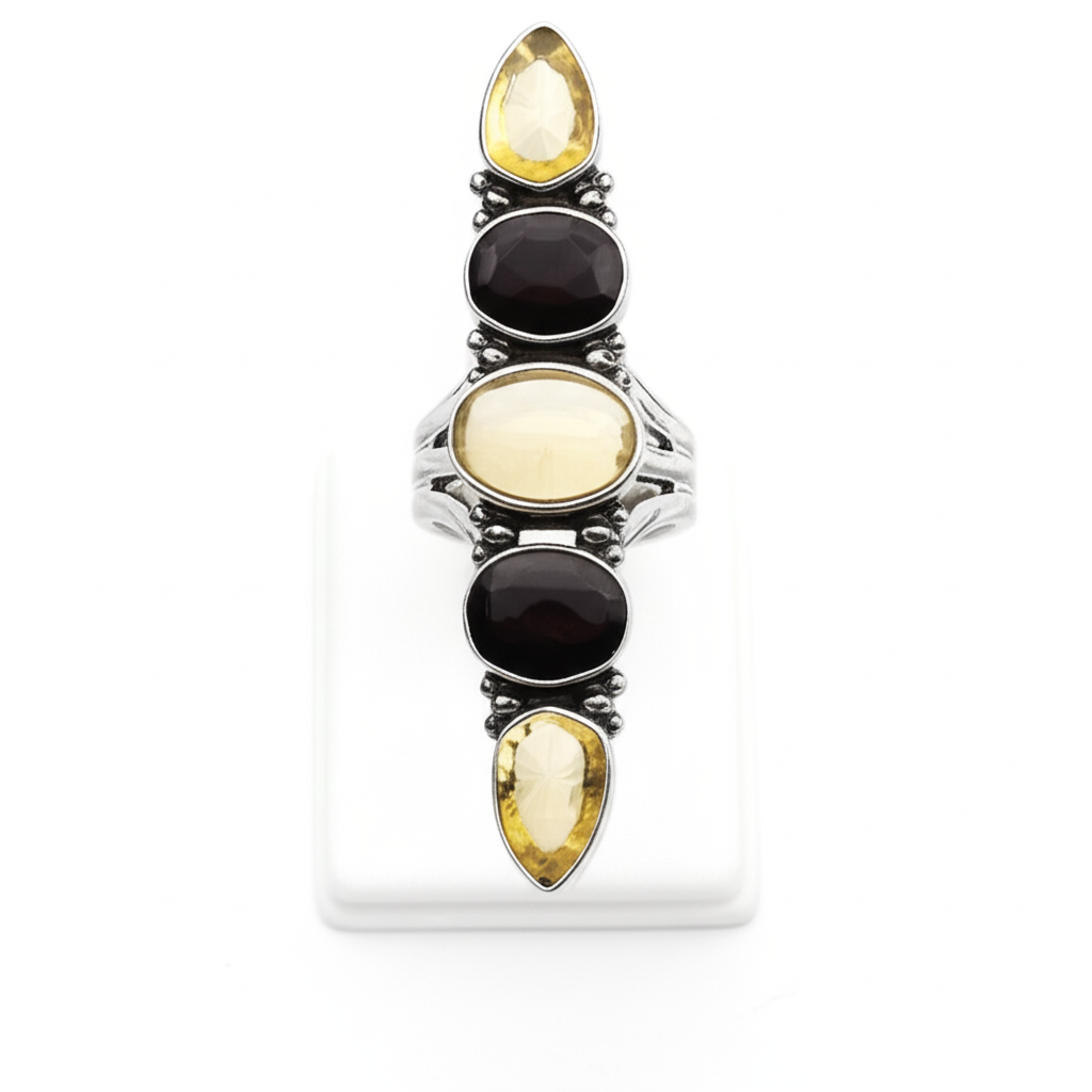 925 Sterling Silver Citrine Black Onyx Vertical Ring Multi Gemstone Band