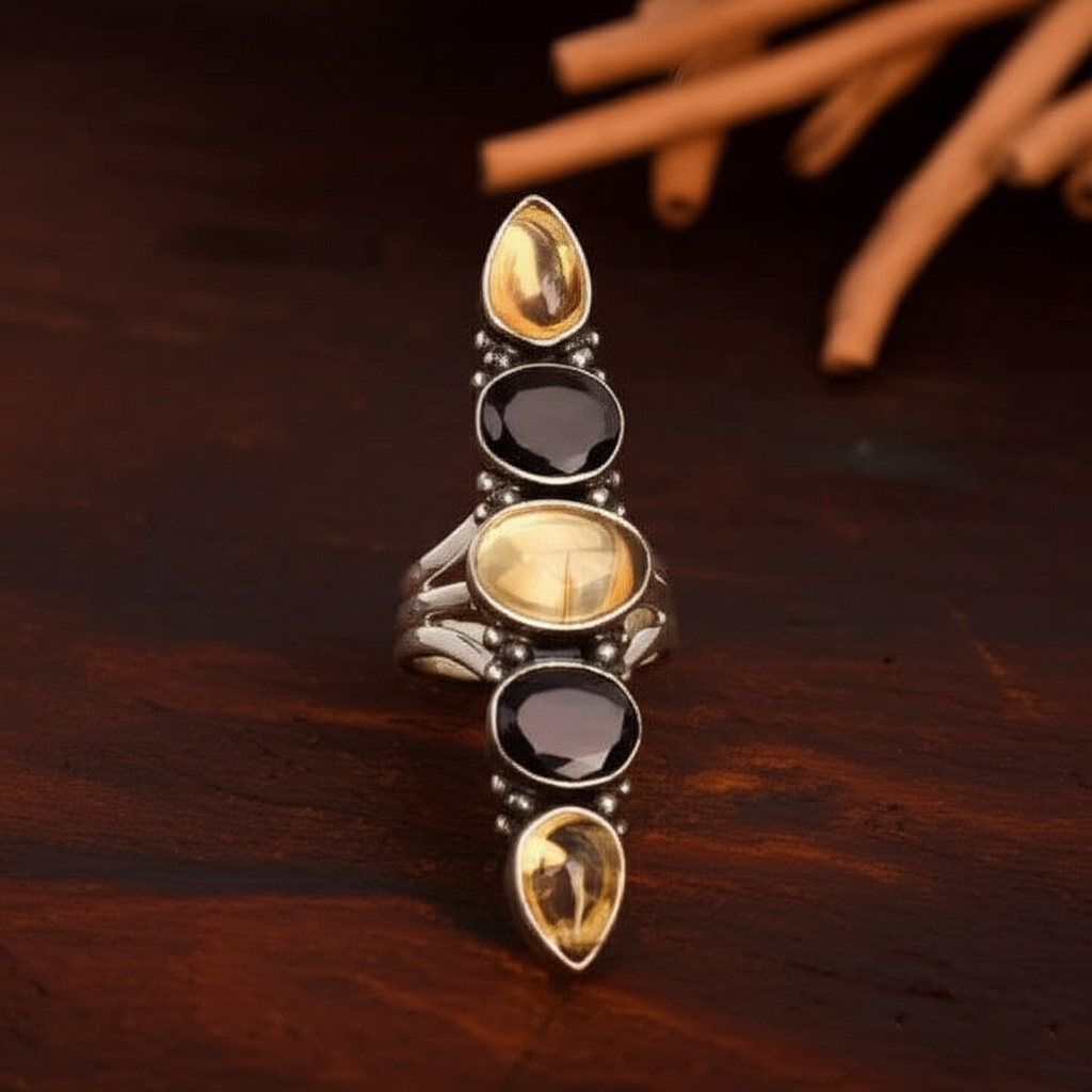 925 Sterling Silver Citrine Black Onyx Vertical Ring Multi Gemstone Band