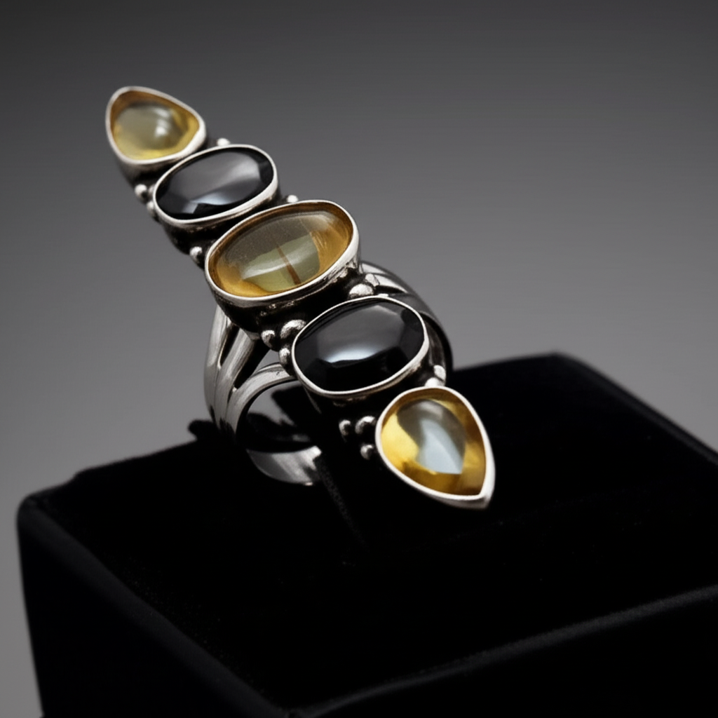 925 Sterling Silver Citrine Black Onyx Vertical Ring Multi Gemstone Band