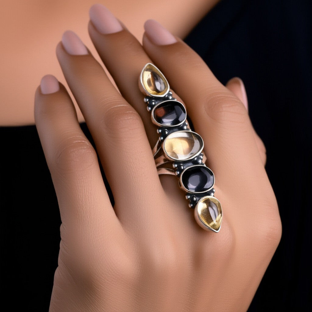925 Sterling Silver Citrine Black Onyx Vertical Ring Multi Gemstone Band