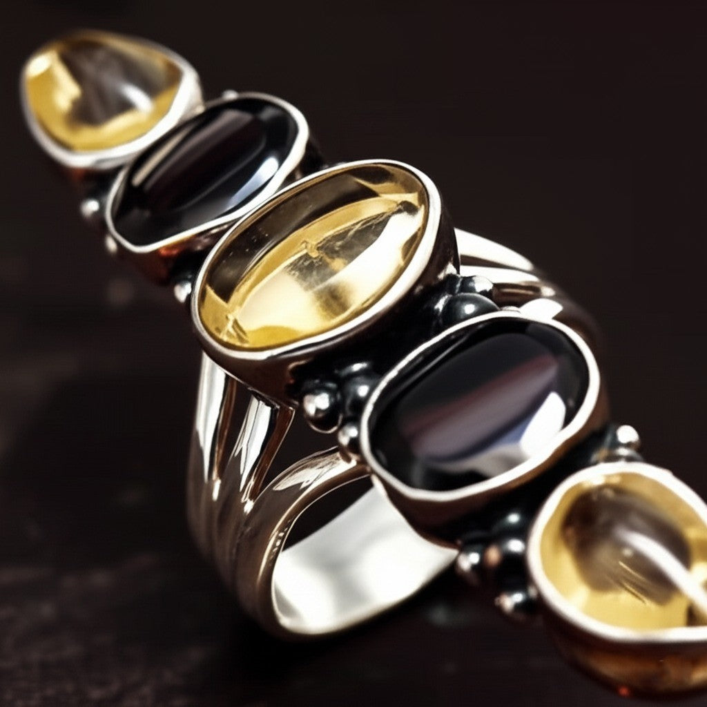 925 Sterling Silver Citrine Black Onyx Vertical Ring Multi Gemstone Band