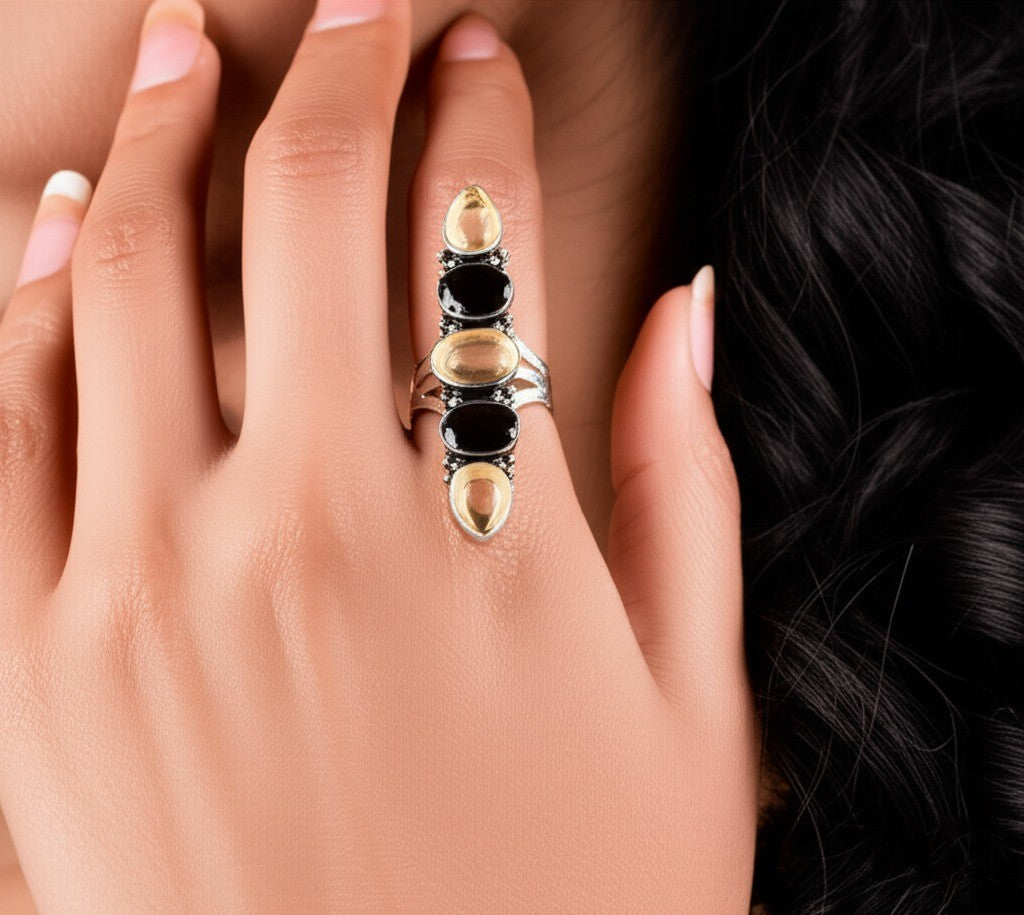 925 Sterling Silver Citrine Black Onyx Vertical Ring Multi Gemstone Band