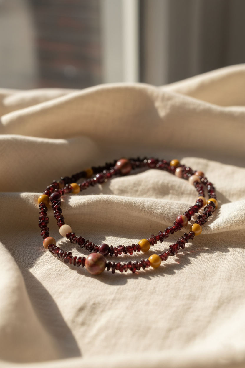 Garnet & Mookaite Necklace – Sterling Silver Boho Pendant