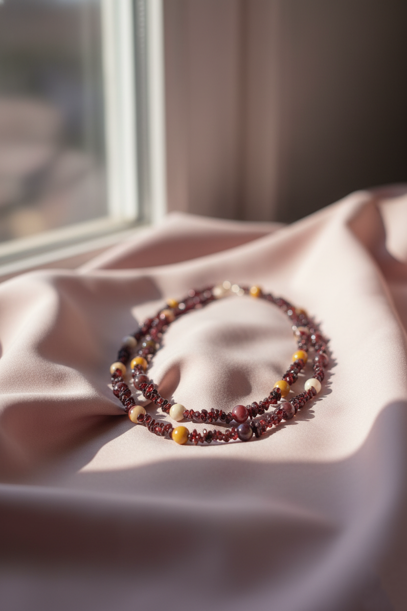 Garnet & Mookaite Necklace – Sterling Silver Boho Pendant