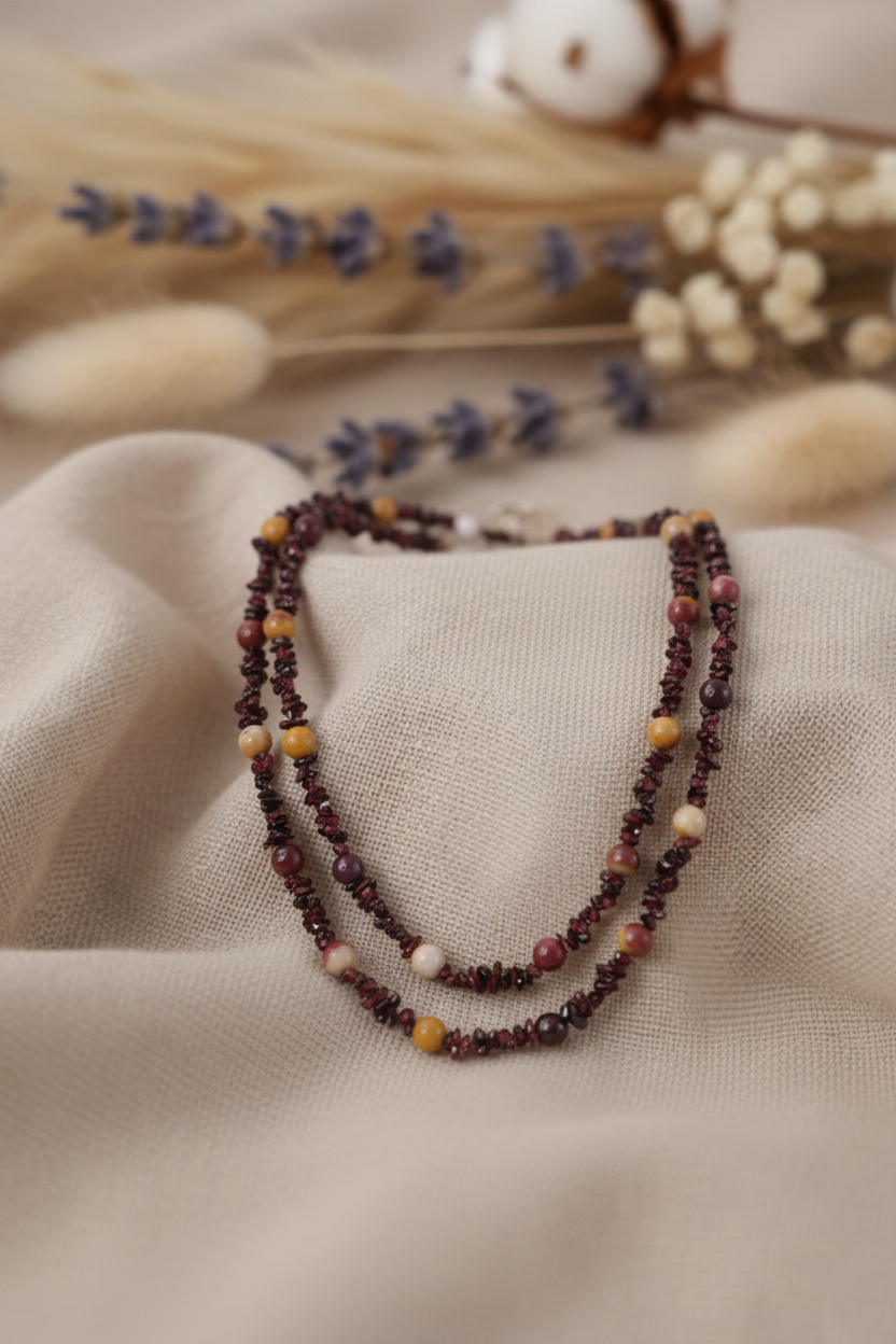 Garnet & Mookaite Necklace – Sterling Silver Boho Pendant