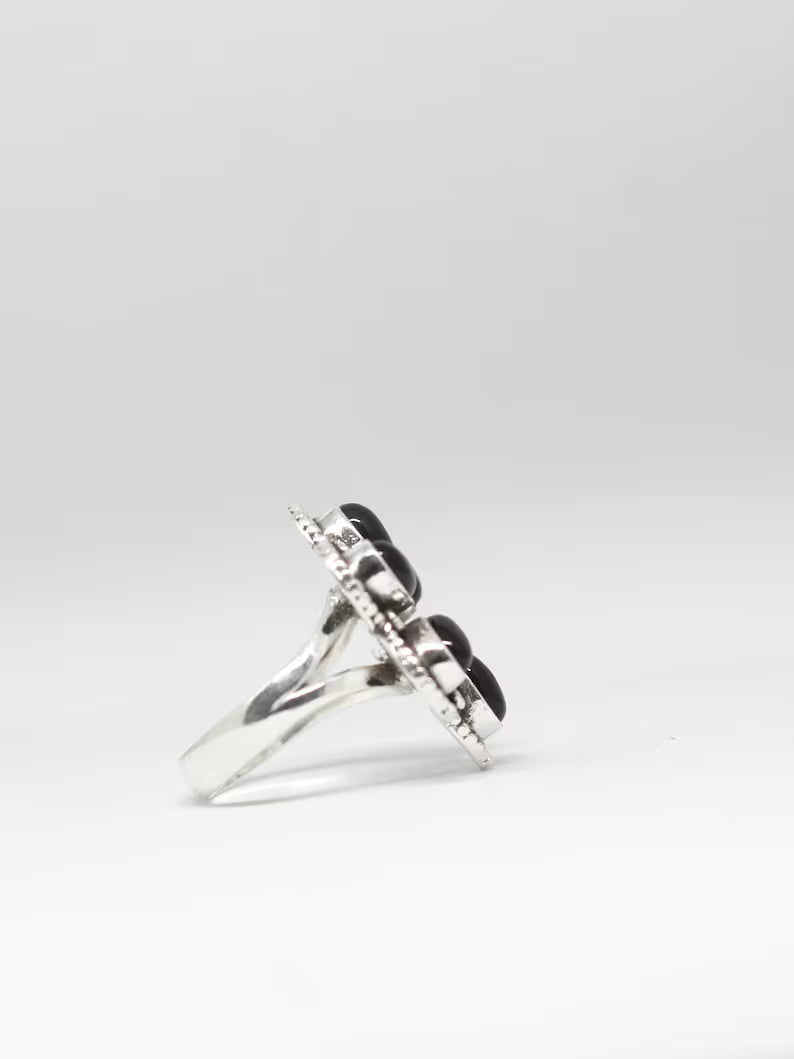 Black Onyx Flower Ring 925 Sterling Silver Statement Floral Ring