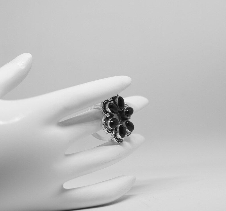 Black Onyx Flower Ring 925 Sterling Silver Statement Floral Ring