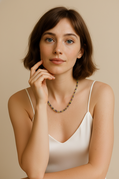 Peridot Iolite Necklace Raw Crystal Chips August Birthstone Green Purple Boho Gift