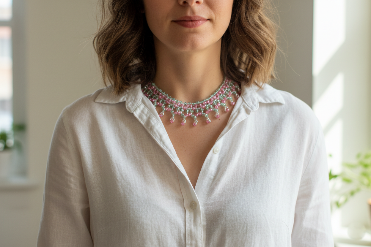 Pink Crystal Beaded Necklace Handmade Boho Choker