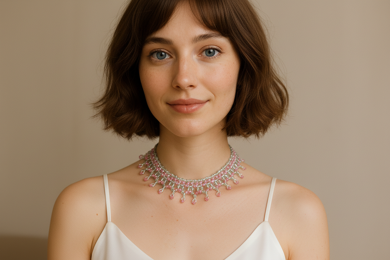 Pink Crystal Beaded Necklace Handmade Boho Choker
