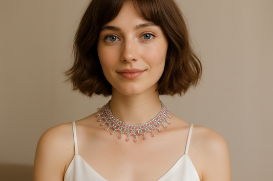 Pink Crystal Beaded Necklace Handmade Boho Choker