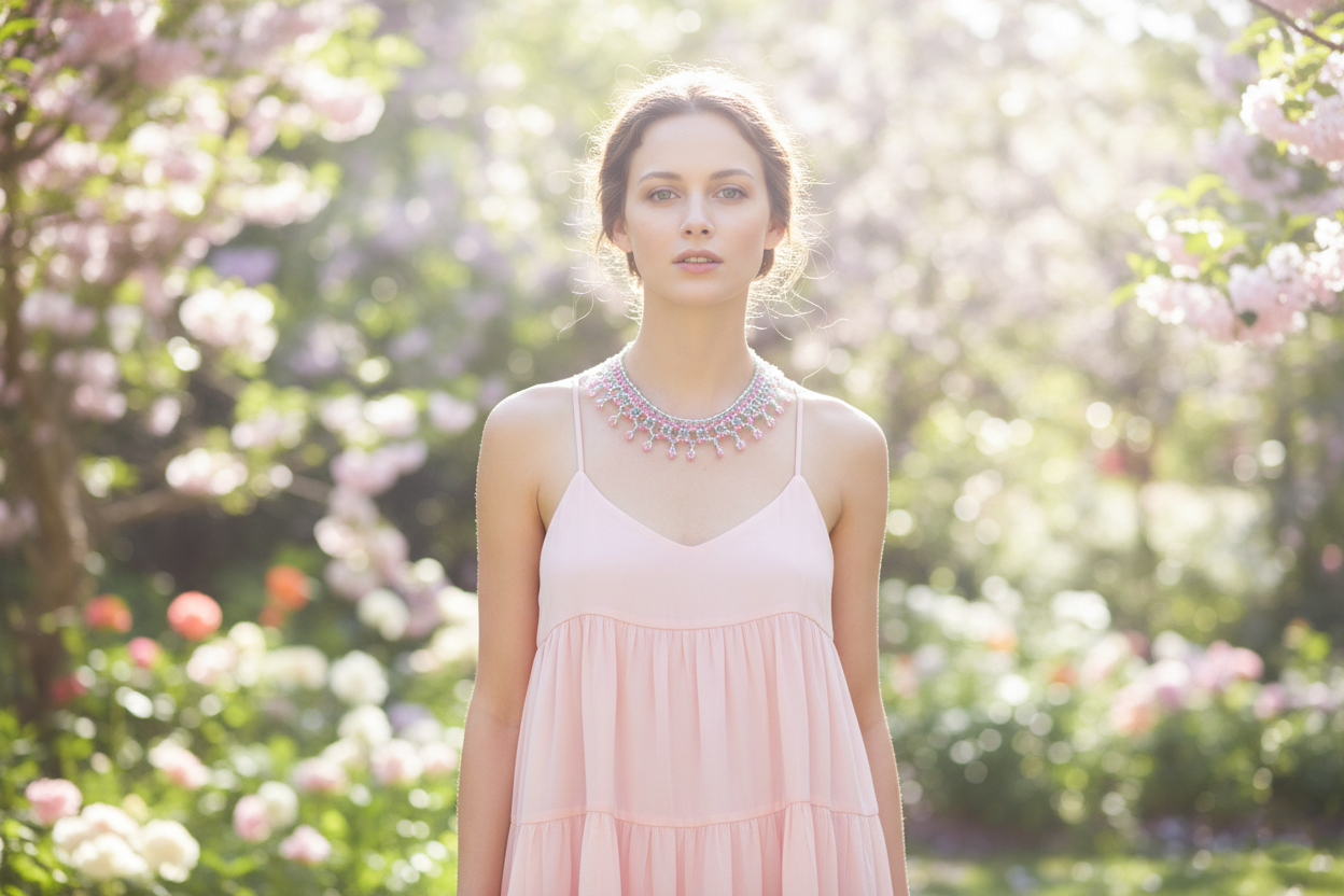 Pink Crystal Beaded Necklace Handmade Boho Choker