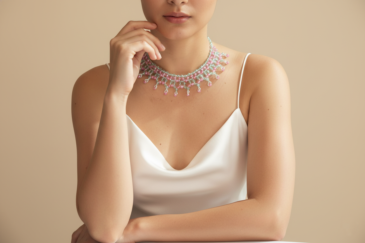 Pink Crystal Beaded Necklace Handmade Boho Choker