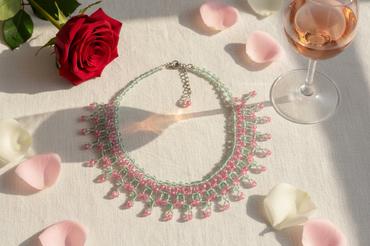 Pink Crystal Beaded Necklace Handmade Boho Choker