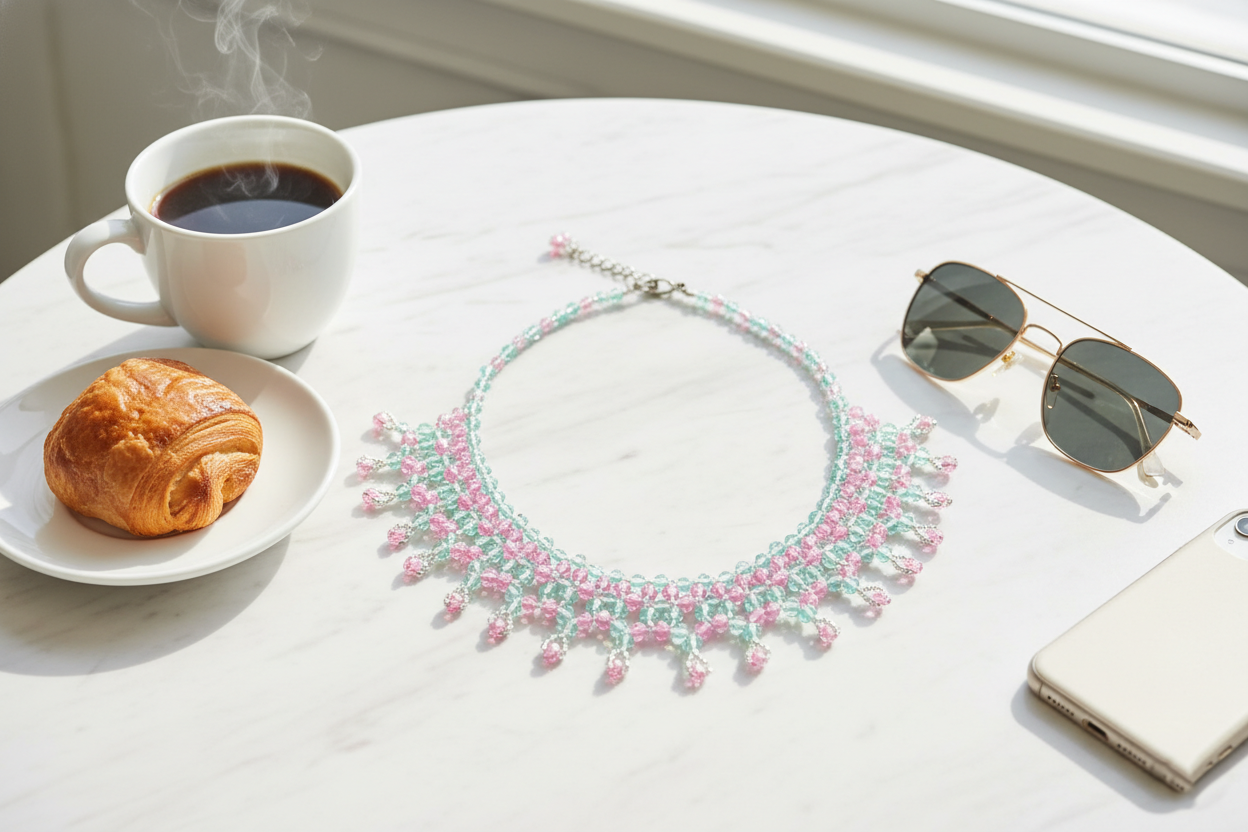 Pink Crystal Beaded Necklace Handmade Boho Choker