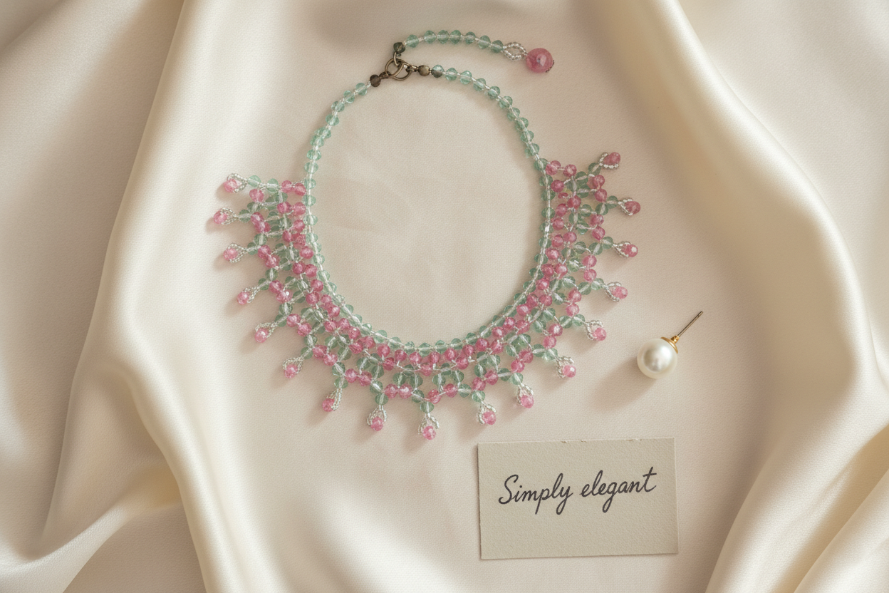 Pink Crystal Beaded Necklace Handmade Boho Choker