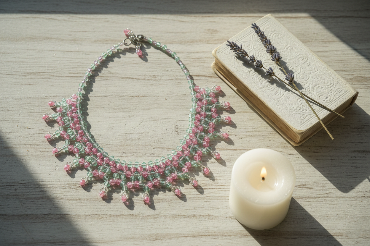Pink Crystal Beaded Necklace Handmade Boho Choker