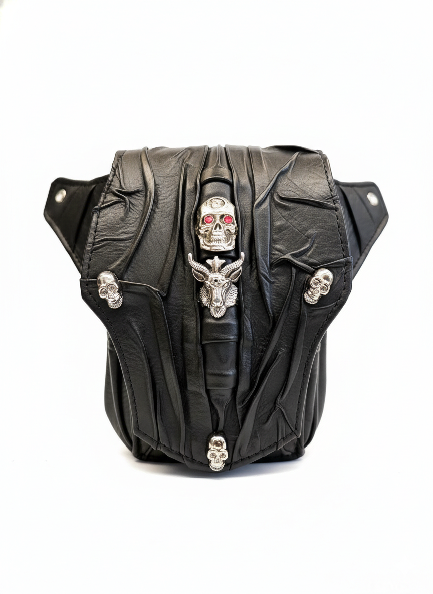 Handmade Gothic Leather Fanny Pack – Handmolded Cow Calf Leather Waist Bag with Metal Skull Hardware – Custom Biker Crossbody Bag