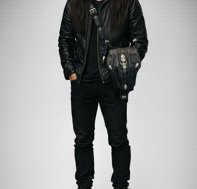 Handmade Gothic Leather Fanny Pack – Handmolded Cow Calf Leather Waist Bag with Metal Skull Hardware – Custom Biker Crossbody Bag